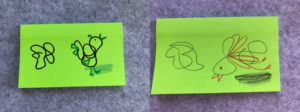 Squiggle Bird sketches on sticky notes