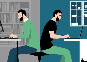 Man in hybrid work place sharing his time between an office and working from home remotely, EPS 8 vector illustration